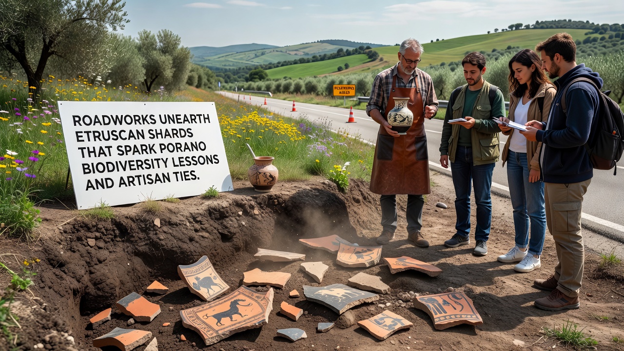 Local artisans examining Etruscan-inspired pottery designs in a cooperative workshop setting with tools and clay materials visible